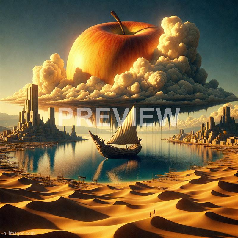 The image depicts a surreal scene with a giant apple floating amidst a dramatic sky filled with large, billowing clouds. Below, there is a cityscape with tall, modern buildings situated around a calm body of water, where a small sailing ship is anchored. The foreground features vast, golden sand dunes with two tiny figures walking, leading towards the water and the floating apple, creating a fantastical and dreamlike atmosphere. The entire scene blends elements of nature, urban life, and fantasy in a vividly colored, imaginative composition.